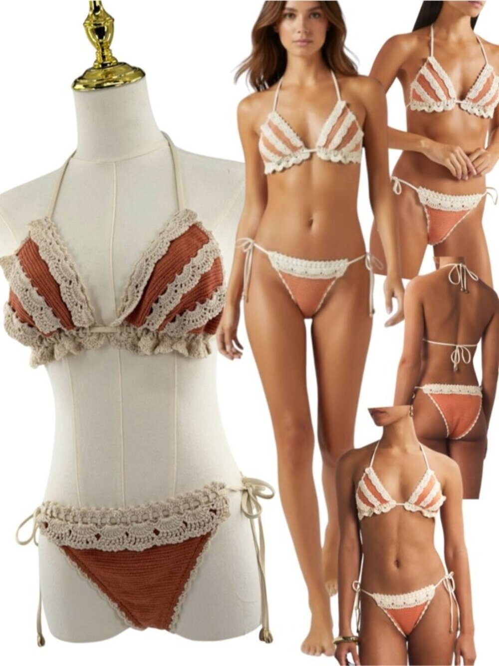 🆕 ZIMMERMANN 🧿 NWT Wylie Knit & Crochet Triangle Bikini, Coral - Sz 3 US 8/10